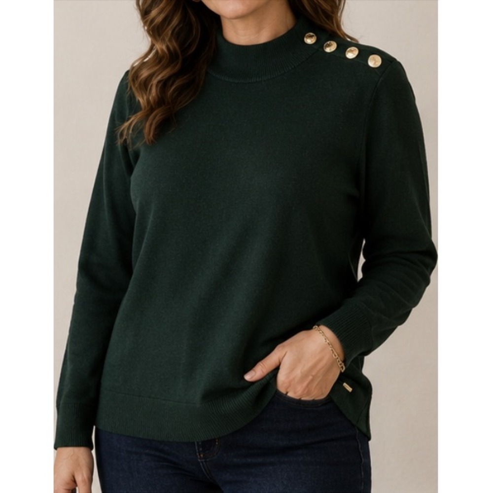 Calvin Klein Womens XL Hunter Green Mock Neck Gold Button Shoulder Sweater